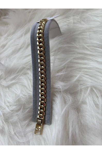 14K Juping Kuyumcu Model Taş Detaylı Gurmet Zincir Çelik Bileklik Gold Renk Kararmaz 18 + 2CM ürün görseli 1