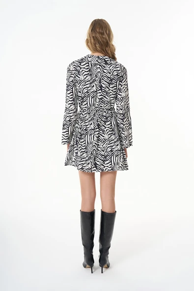 Zebra Desenli Bağlamalı Mini Elbise Siyah - Resim 5