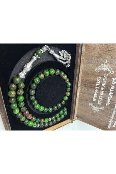 YEŞİL GRANAT TAŞI TESBİH & BİLEKLİK SETİ ÖZEL TASARIM AHŞAP KUTUSUNDA-YEŞİL DOĞAL TAŞ SET ürün görseli 1
