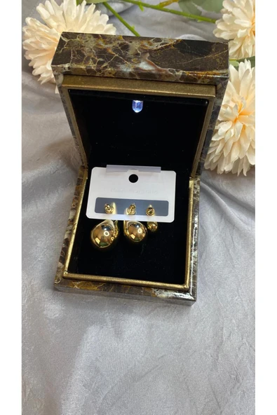 ÜÇLÜ DAMLA GOLD ÇELİK TARZ KÜPE - Resim 4