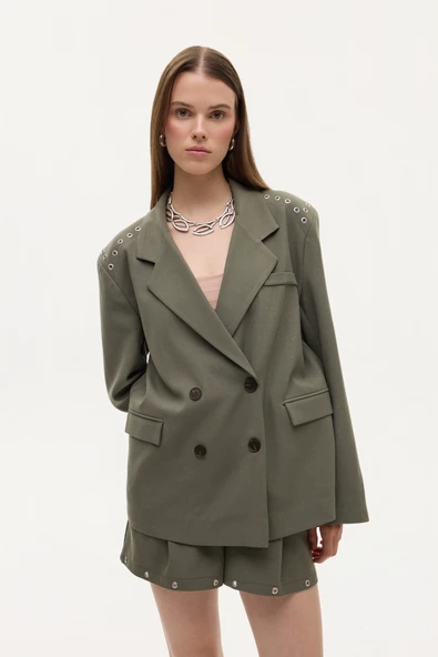 Kuş Gözü Detaylı Çift Düğmeli Oversize Blazer Ceket Haki ürün görseli 1