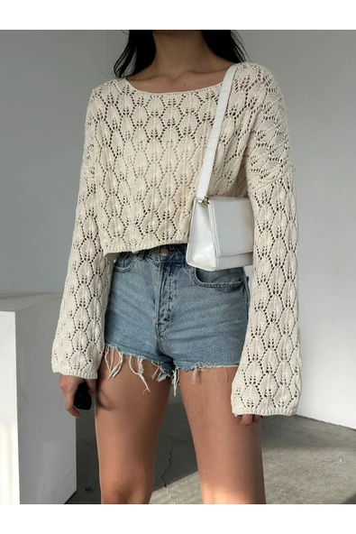 Ajurlu Crop Triko Kazak KREM OVERSIZE ürün görseli 1