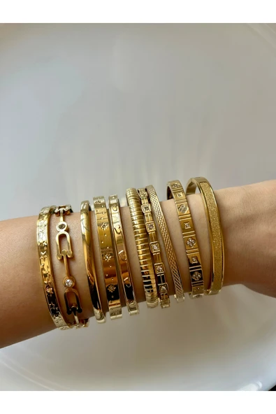 Gold Trend Taşlı İşlemeli Kelepçe Bileklik - Resim 2