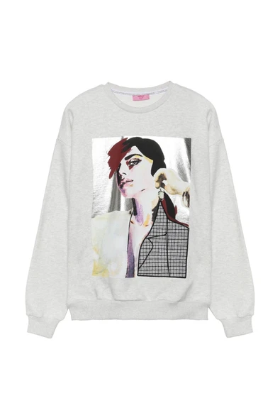 Baskı ve Aplike Detaylı Sweatshirt Gri ürün görseli 1