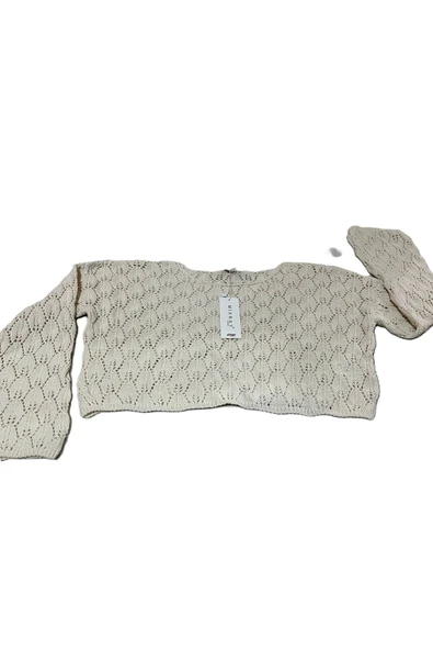 Ajurlu Crop Triko Kazak KREM OVERSIZE - Resim 4
