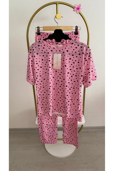 Siyah kalpli pembe kısa kol pijama takımı ürün görseli 1