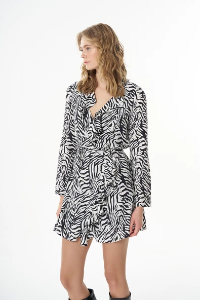 Zebra Desenli Bağlamalı Mini Elbise Siyah - Resim 3