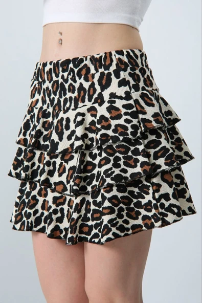 LEOPAR DESEN KATLI MİNİ ETEK BÜRÜMCÜK KUMAŞ PREMİUM KALİTE ürün görseli 1