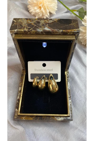 ÜÇLÜ DAMLA GOLD ÇELİK TARZ KÜPE - Resim 3