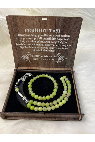 PERİDOT TAŞI TESBİH & BİLEKLİK SETİ ÖZEL TASARIM AHŞAP KUTUSUNDA-YEŞİL ürün görseli 1