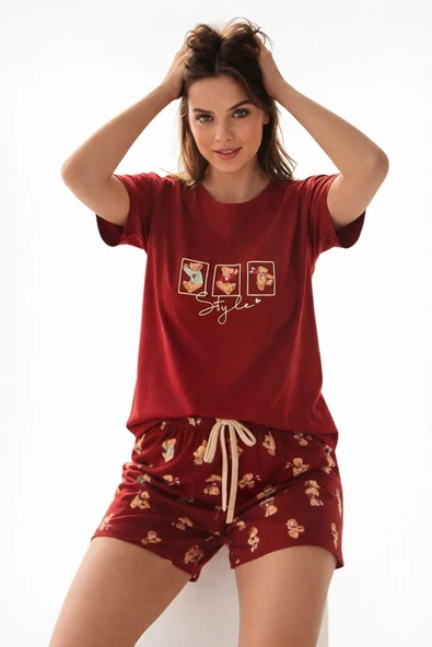 Kırmızı Pick Your Bear Style DESENLİ ŞORTLU KISA KOLLU PİJAMA TAKIMI 90785 - R3278 ürün görseli 1