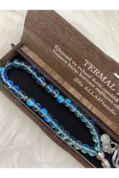 MAVİ TERMAL TAŞI TESBİH DOĞAL TAŞ ÖZEL AHŞAP KUTUSUNDA ürün görseli 1