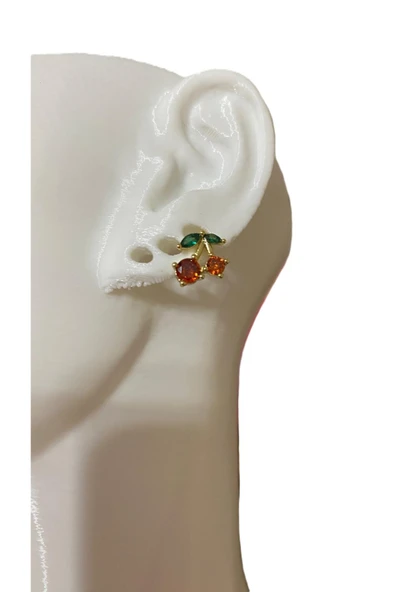 KİRAZ FİGÜRLÜ MİNİMAL TRAGUS KIKIRDAK PEARCING KÜPE ZİRKON TAŞLI GOLD ÇELİK ürün görseli 1