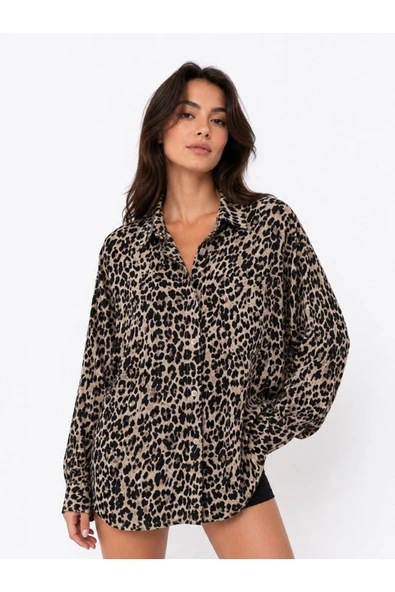 LEOPAR OVERSIZE KADIN GÖMLEK, TENCEL TENSEL KUMAŞ, RAHAT KESİM TEK CEPLİ BASİC GÖMLEK - STANDART ürün görseli 1