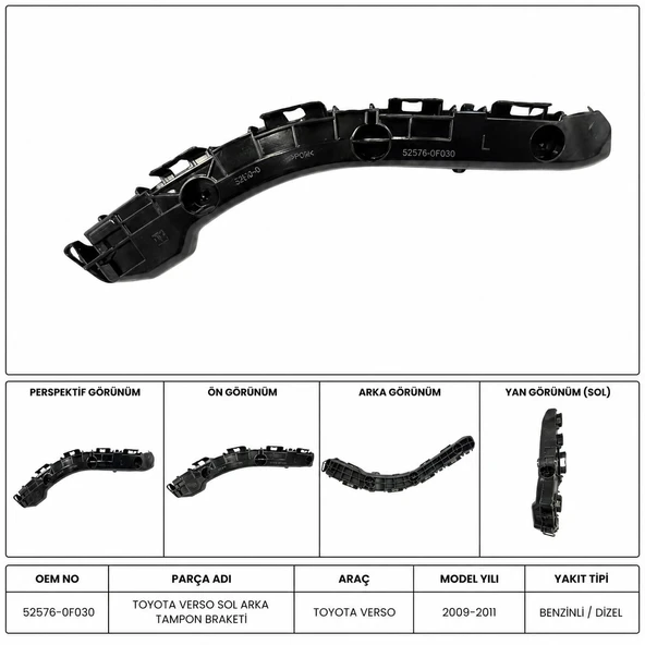 TOYOTA VERSO SOL ARKA TAMPON BRAKETİ 2009-2011 52576-0F030-MHR ürün görseli 1