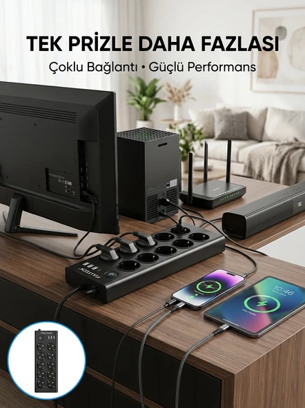 10 Prizli USB Destekli Çoklu Priz Type-C Şarj Girişli Güvenli Güç Ünitesi ürün görseli 1