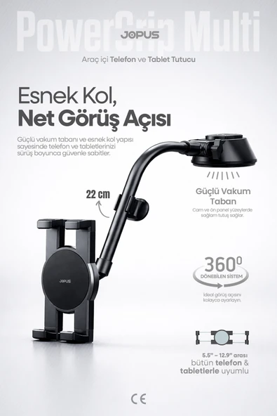 Ultra Stabil Vakumlu Araç İçi Telefon Tablet Tutucu 360° Dönebilen Ayarlanabilir Vantuzlu Araba Üstü ürün görseli 1