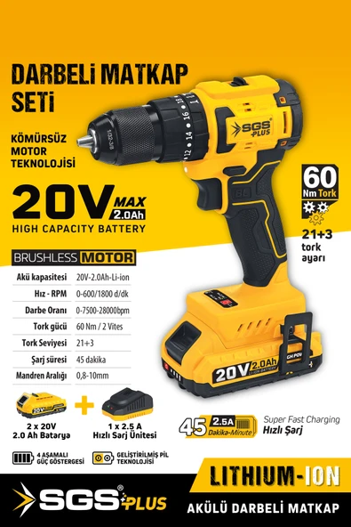 SGS5532 60 NM TORKLU DARBELİ 20 VOLT 2 AMPER 2 AKÜLÜ VİDALAMA MATKAP SETİ ürün görseli 1