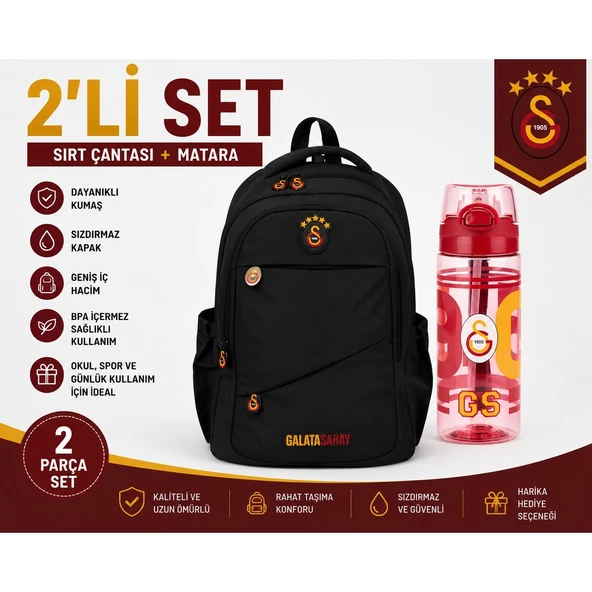 Galatasaray Lisanslı Siyah Sırt Çantası 26547+ Matara 26567 ürün görseli 1
