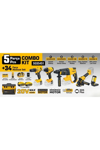 COMBO 5 li SET (Darbeli Matkap/Kırıcı-Delici/Avuç Taslama/Somun Sıkma/Led Fener) SGS5451 ürün görseli 1