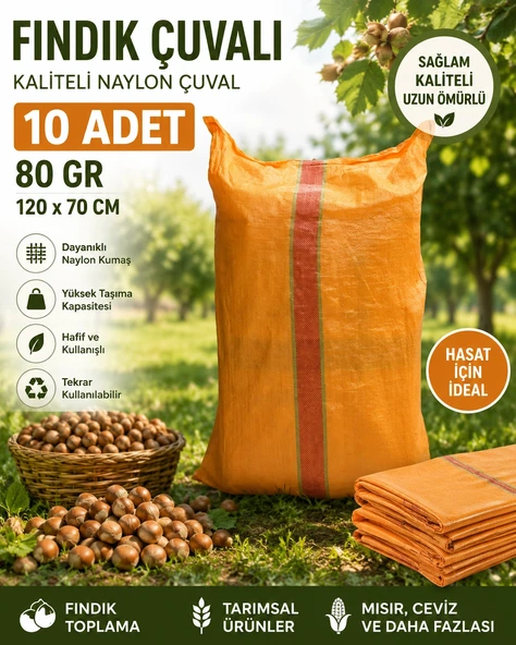 Toplama Çuvalı 10 Adet Fındık 70x120 cm 100 Gr Dayanıklı Naylon Hasat Çuvalı Turuncu ürün görseli 1
