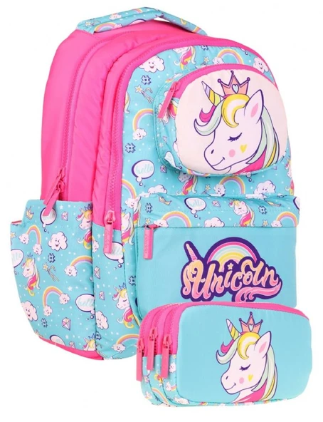 Kaukko Kids Toys Kız Çocuk Turkuaz Pembe 3D Unicorn Şekilli İlkokul Çantası ve Kalemlik Seti (L5155+L8155) ürün görseli 1