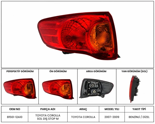 TOYOTA COROLLA SOL DIŞ STOP 2007-2009 81561-12A10-ORJ ürün görseli 1