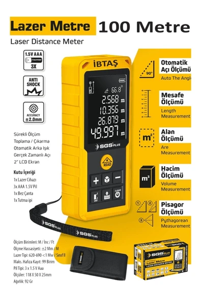 SGS5426 100 Metre Lazer Metre Mesafe Ölçer - Pisagor - Alan - Hacim - Mesafe - Otomatik Alçı Ölçümü ürün görseli 1