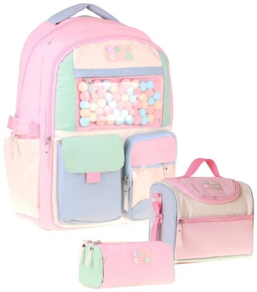 CalaCilo Scales Pompon Aksesuarlı Pembe - Yeşil Kız Çocuk Üçlü İlkokul Okul Çantası Seti - SETCC-C4095A ürün görseli 1