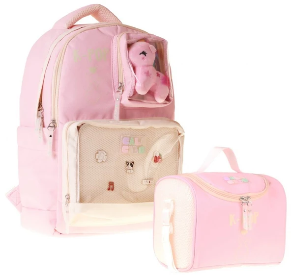 CalaCilo Kız Çocuk İlkokul Sırt Çantası ve Beslenme Seti - K-Pop Pink Pembe Peluş Aksesuarlı Pembe SETCC-C4107B ürün görseli 1