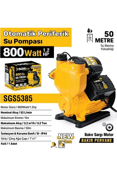 OTOMATİK PERİFERİK SU POMPASI 800 WATT 1.2 HP SGS5385 ürün görseli 1