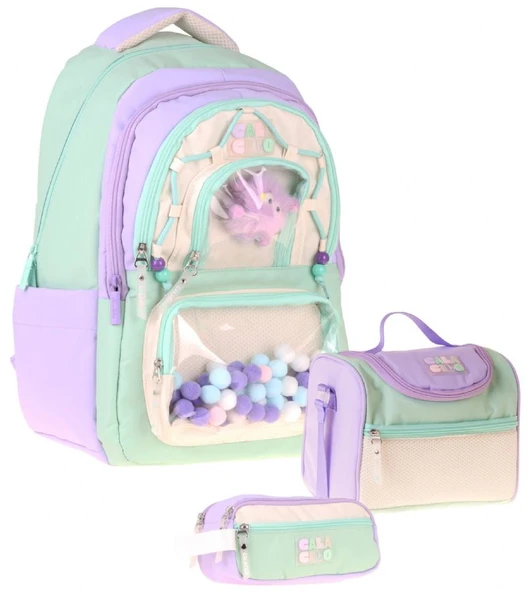 CalaCilo Rainbow Lila Yeşil Renkli Lila - Yeşil Kız Çocuk Üçlü İlkokul Okul Çantası Seti - SETCC-C4089A ürün görseli 1