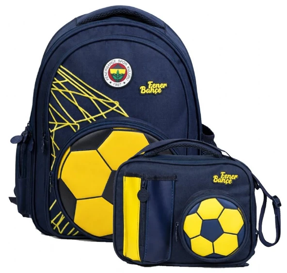 Fenerbahçe Erkek Çocuk İlkokul Çantası ve Beslenme Çantası Seti (Futbol Topu Şekilli) Sarı - Lacivert - SETFB26784B ürün görseli 1