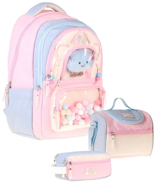 CalaCilo Cloudy Pembe Mavi Renkli Pembe - Mavi Kız Çocuk Üçlü İlkokul Okul Çantası Seti - SETCC-C4086A ürün görseli 1