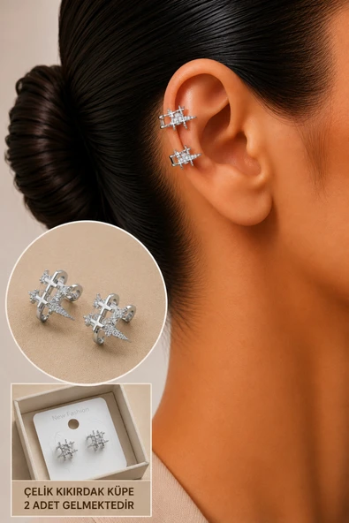 Zirkon Taşlı Detaylı Kıkırdak Küpe/Earcuff/Conch (Delik Gerekmez) ürün görseli 1