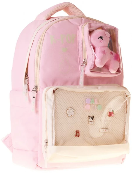CalaCilo Dört Bölmeli Peluşlu K-Pop Pink Pembe Peluş Aksesuarlı Pembe Kız Çocuk İlkokul Sırt Çantası - C4107 ürün görseli 1