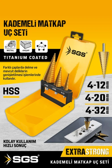 SGS2840 HSS 3 PARÇA KADEMELİ MATKAP UCU SETİ 4-12MM/4-20MM/4-32 MM ürün görseli 1
