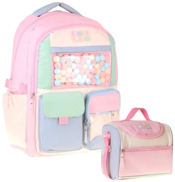 CalaCilo Kız Çocuk İlkokul Sırt Çantası ve Beslenme Seti - Scales Pompon Aksesuarlı Pembe - Yeşil SETCC-C4095B ürün görseli 1