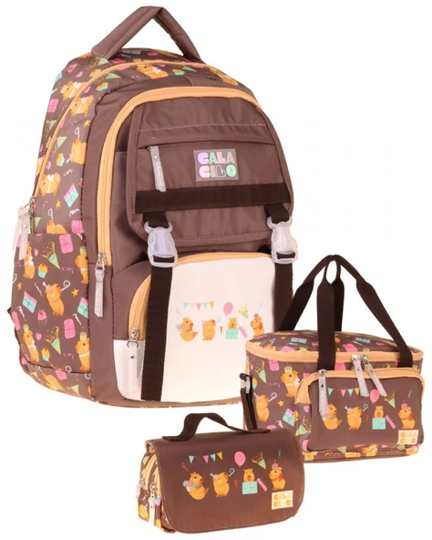CalaCilo Party Baskılı Kahverengi Erkek Çocuk Üçlü İlkokul Okul Çantası Seti - SETCC-C4068A ürün görseli 1
