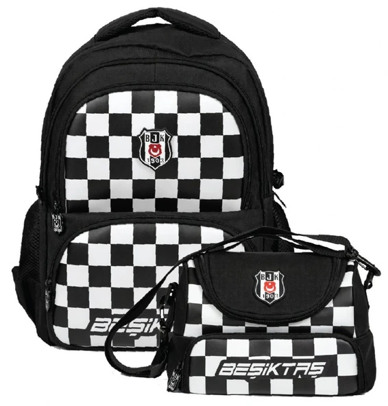 Beşiktaş Erkek Çocuk İlkokul Çantası ve Beslenme Çantası Seti (Dama Baskılı) Siyah - Beyaz - SETBJK26349B ürün görseli 1