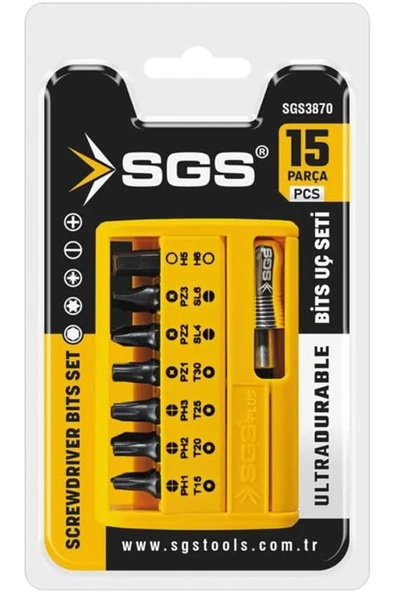 SGS15 Parça Profesyonel Tornavida Uç ve Hızlı Adaptör Seti, Model SGS3870, PH1-PH3 ve PZ1-PZ3 ürün görseli 1