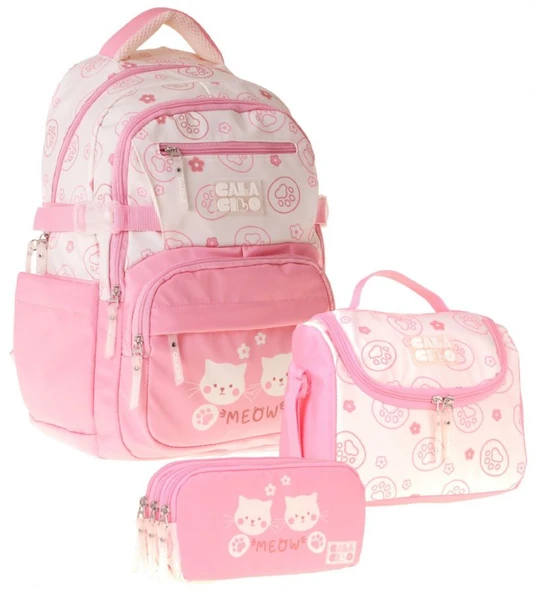 CalaCilo Kedi Baskılı Pembe Kız Çocuk Üçlü İlkokul Okul Çantası Seti - SETCC-C4038A ürün görseli 1