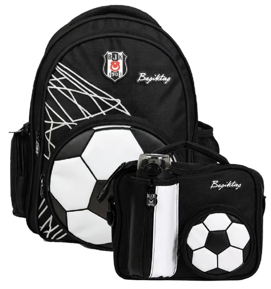 Beşiktaş Erkek Çocuk İlkokul Çantası ve Beslenme Çantası Seti (Futbol Topu Şekilli) Siyah - SETBJK26383B ürün görseli 1