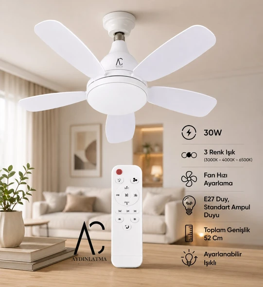 30W Kumandalı Tavan Vantilatörü | 3 Renk LED Aydınlatma | E27 Duy | 52 cm | Beyaz ürün görseli 1