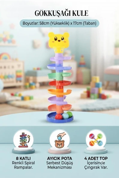 Gökkuşağı Kule – 8 Katlı Eğitici Top Yuvarlama Oyuncağı 4 Çıngıraklı Toplu 8 Katlı Oyuncak Kule ürün görseli 1