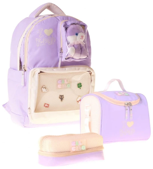 CalaCilo K-Pop Lilac Peluş Ayı Aksesuarlı Lila Kız Çocuk Üçlü İlkokul Okul Çantası Seti - SETCC-C4104A ürün görseli 1