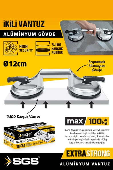 955 100 Kg Çift Vakum Cam Mermer Seramik Çiftli Vantuz Cam Tutucu Seramik Mermer Taşıma Vantuzu ürün görseli 1