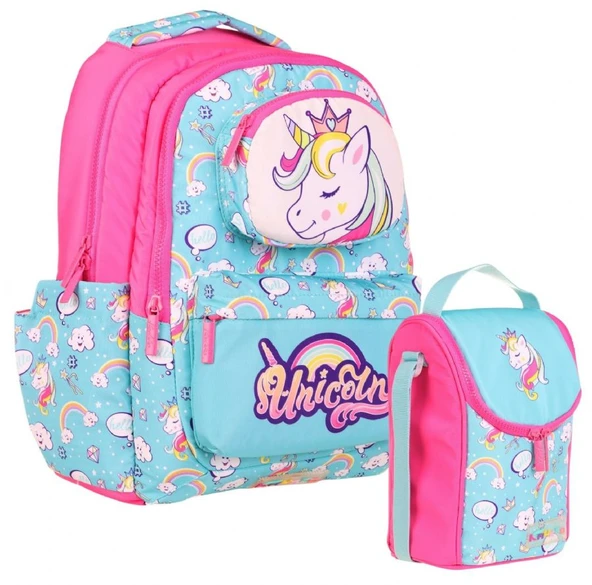 Kaukko Kız Çocuk 3D Unicorn Şekilli Turkuaz Pembe Okul Sırt Çantası ve Isı Yalıtımlı Beslenme Çantası Seti ürün görseli 1