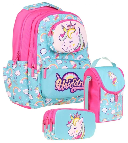 Kaukko Kids 3D Unicorn Şekilli Kız Çocuk Üçlü Okul Çantası Seti/Takımı - Turkuaz Pembe (L5155+L7155+L8155) ürün görseli 1