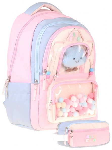 CalaCilo Cloudy Kız Çocuk Cloudy Pembe Mavi Renkli Okul Sırt Çantası ve Kalemlik Seti - SETCC-C4086C ürün görseli 1